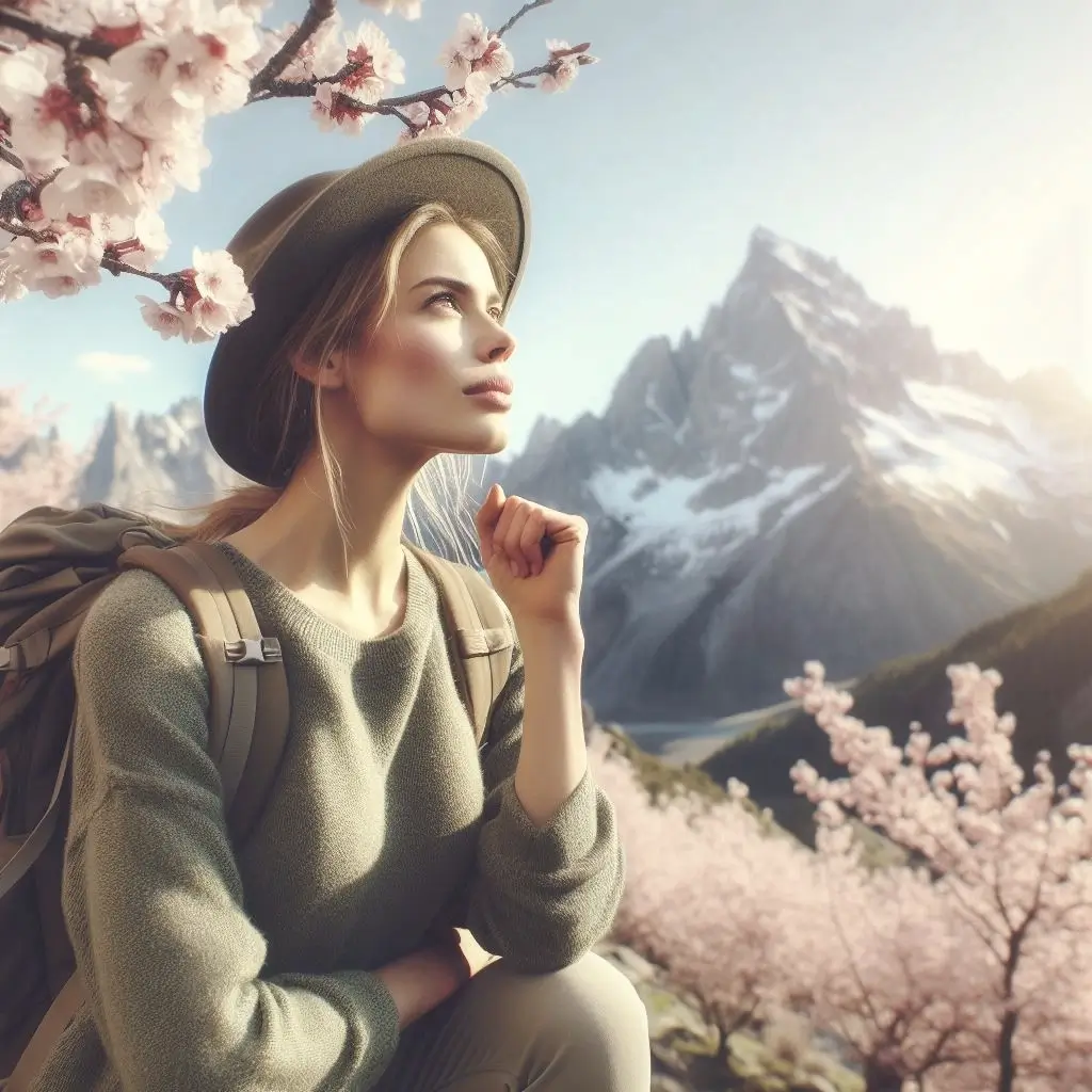 жена която мотивирано гледа към планината през пролетта